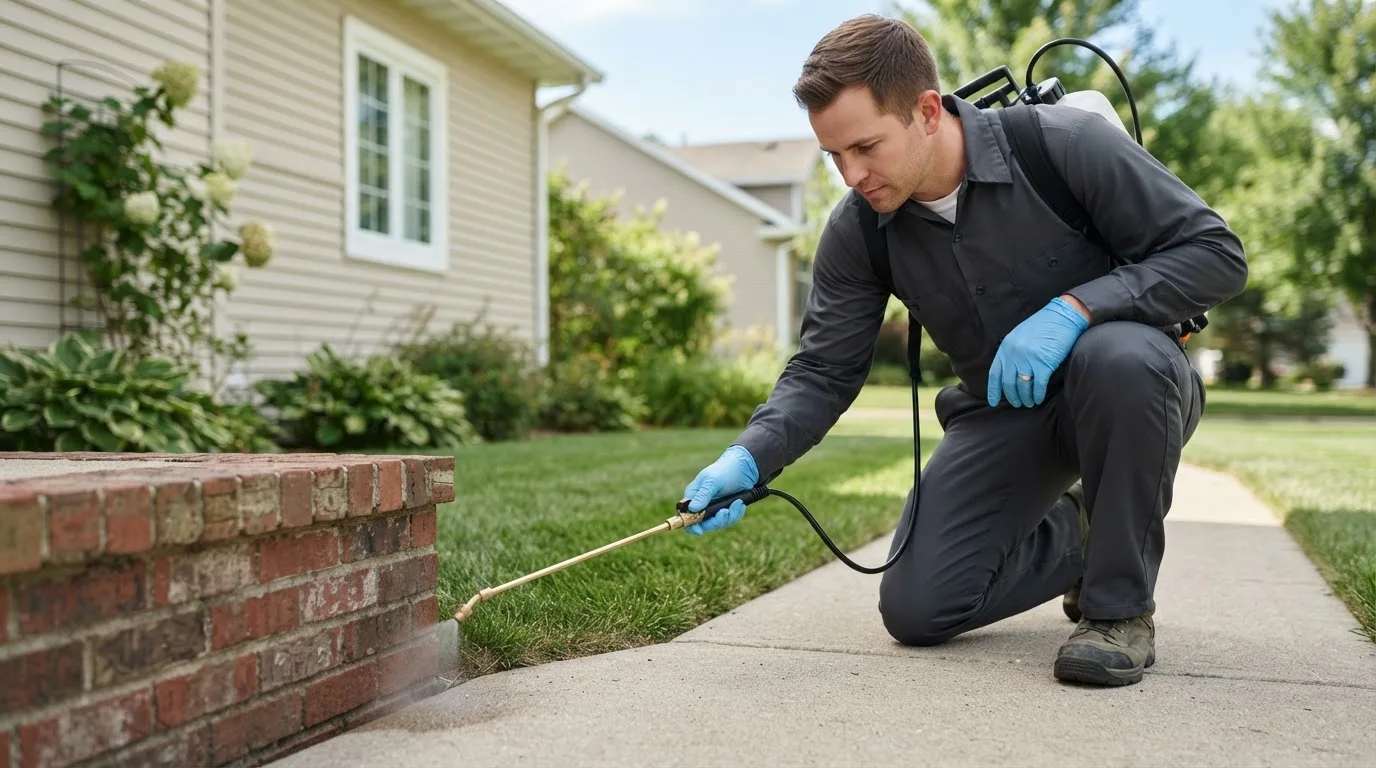 Pest control technician treating a home near Northville, SD